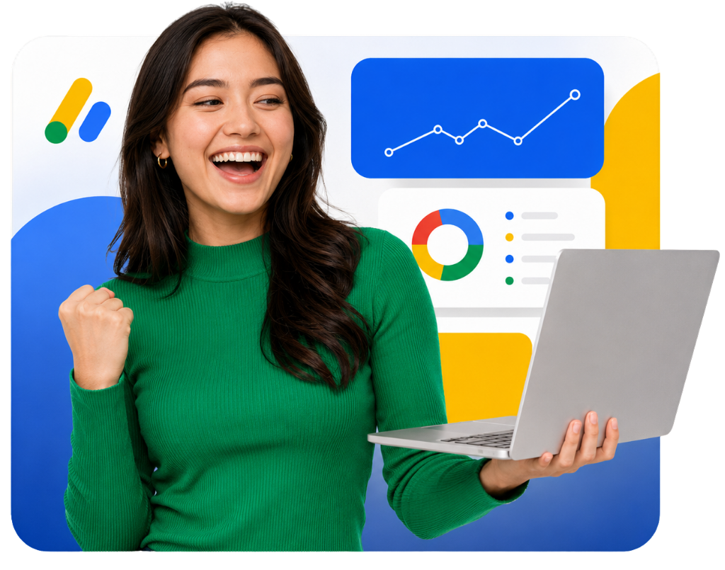Mulher comemorando resultados de auditoria do blog com notificações de aprovação